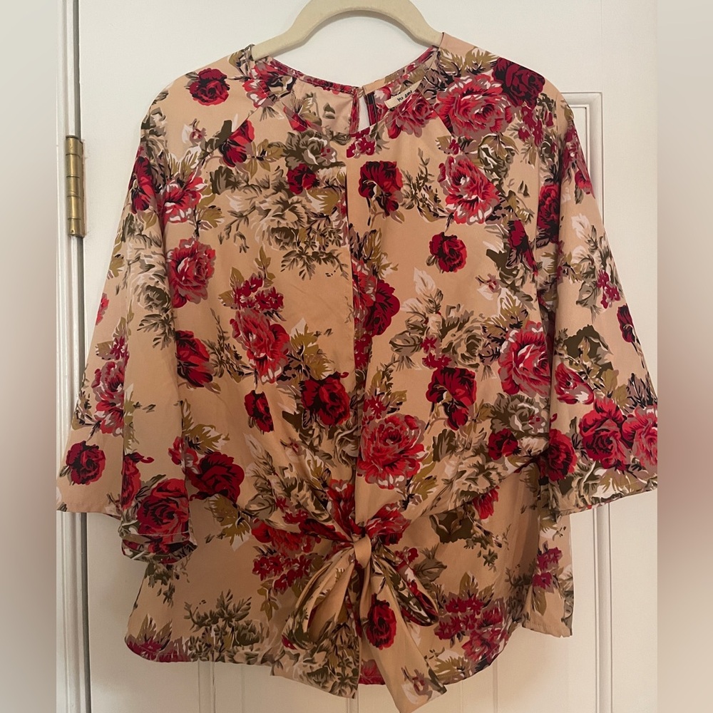 Satin Red and Beige Floral Blouse with Peek-a-Boo Neckline XS